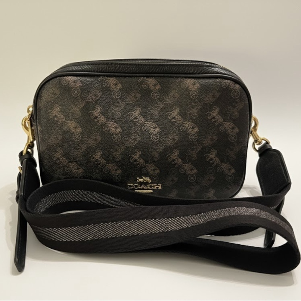 COACH Horse & Carriage Monogram Camera Crossbody Bag Black Brown Signature